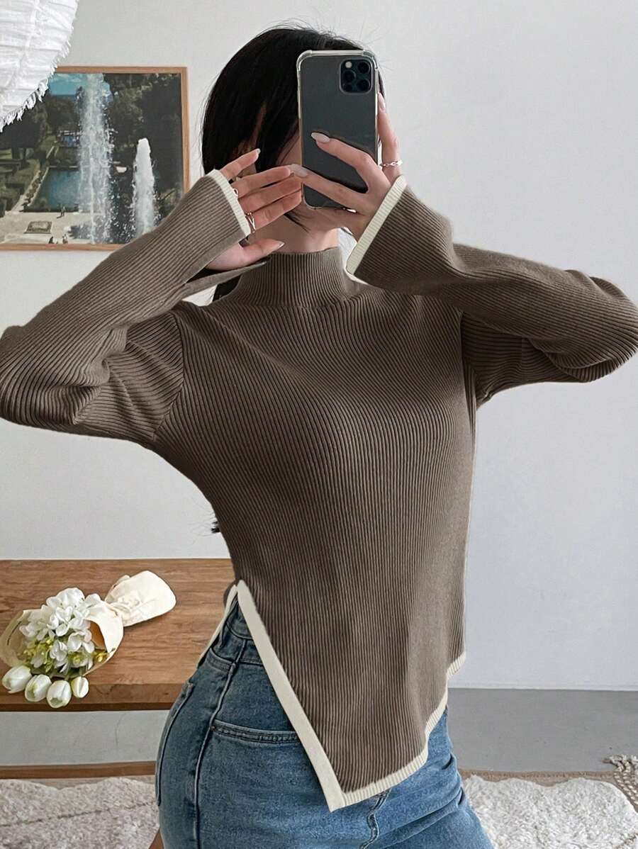 DAZY 女士休闲撞色边不对称下摆针织毛衣，秋季女装 - 紫紅色 - 查看 1