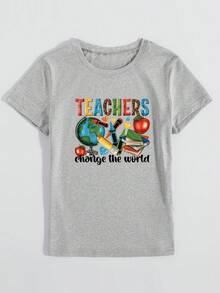 SHEIN Slayr 女士夏季休闲标语和书籍印花圆领短袖 T 恤 - 淺灰色 - 查看 3