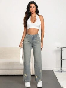 SHEIN Essnce Women's Loose Fit Five-Pointed Star Print Pocketed Casual Flared Jeans