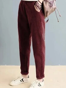 Pantalones casuales sólidos con bolsillos simples para mujeres - Burdeos - Ver 4