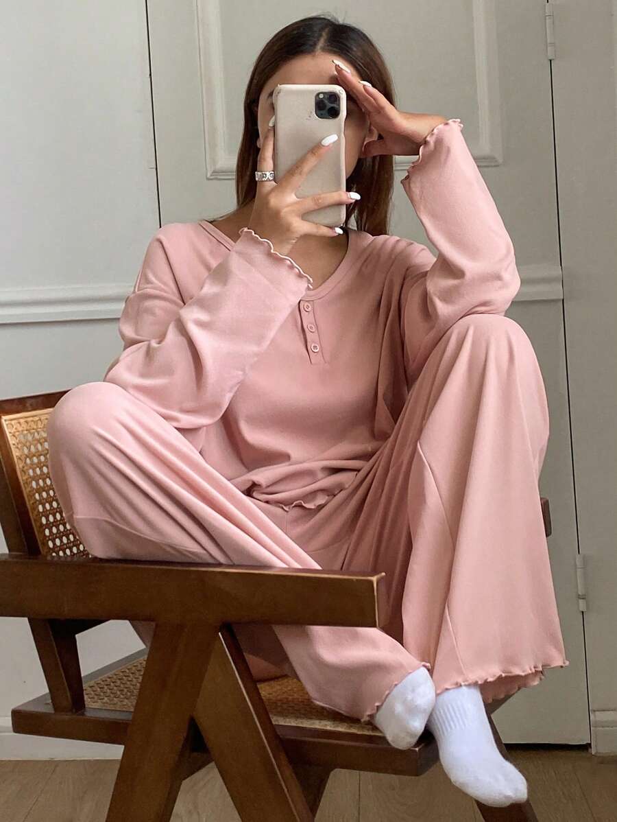 DAZY Minimalist Knit Half-Open Cardigan With Wavy Hem Loungewear Set - Pink - View 1