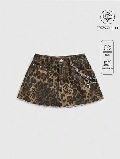 Grunge Punk Y2K Gyaru Vintage Babe Stil Kreuz-Ketten-Dekor Leoparden Muster Damen Jeans Mini-Rock