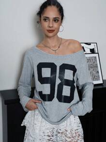 SHEIN EZwear Women's Casual Loose Fit Digital Print Long Sleeve T-Shirt, Spring & Summer