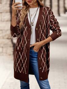 EMERY ROSE Women's Argyle Pattern Drop Shoulder Oversized Long Cardigan Sweater Women Cardigans Women Sweaters - Multicolor - View 4