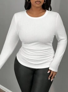 Slaydiva Plus Size Casual Simple Round Neck Long Sleeve Ruched Waist Fleece White T-Shirt Top, Autumn/Winter Basic Long Sleeve Topswhite Long Sleeve Topribbed Top - White - View 5