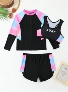 3pcs/Set Tween Girl Swimwear With Printed Tankini