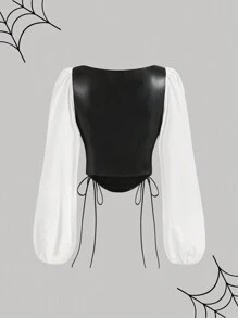 SHEIN MOD Blusa de manga farol con parches de PU en blanco y negro, ropa de bruja, ropa de Halloween, ropa de vampiro, atuendos de aeropuerto para mujeres, disfraz de Catwoman