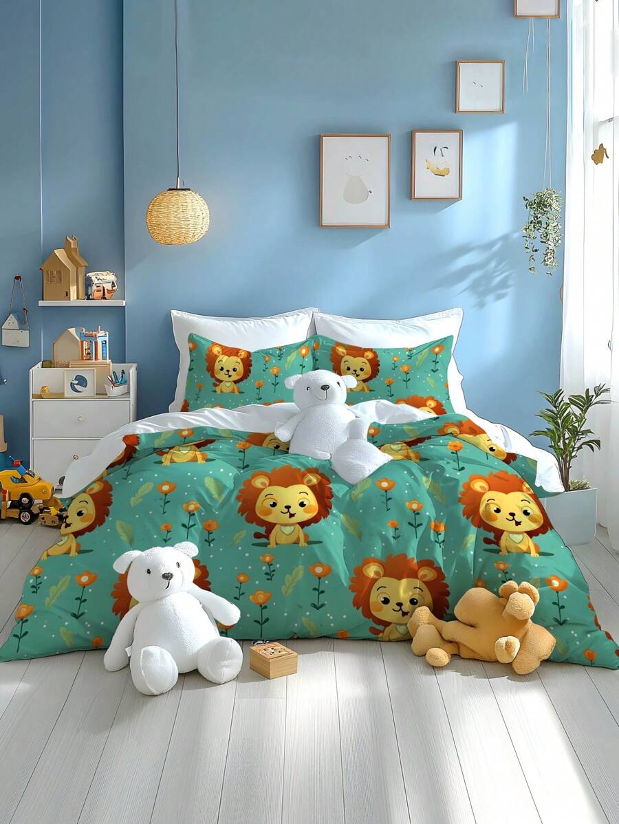 2/3 件可爱狮子图案印花水洗羽绒被套装，柔软舒适，适用于卧室、客房、儿童房、亲子房、酒店、学校宿舍、儿童床上用品套件（带枕套）