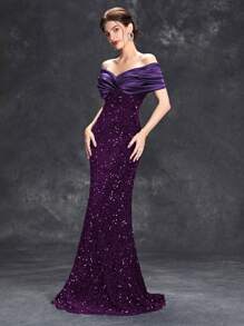 Vestido formal con volantes y lentejuelas off-shoulder, vestido elegante de estilo sirena para baile de graduación, boda, invitado, ceremonia de graduación, fiesta de cóctel - Morado - Ver 6