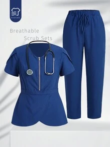 TaskEZ 2pcs Set Of Solid Color Front Zipper Short Sleeve Top And Front Tie Pants Uniform Scrub Set - Navy Blue - View 1