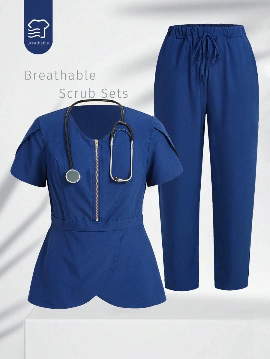 TaskEZ 2pcs Set Of Solid Color Front Zipper Short Sleeve Top And Front Tie Pants Uniform Scrub Set - Navy Blue - View 1