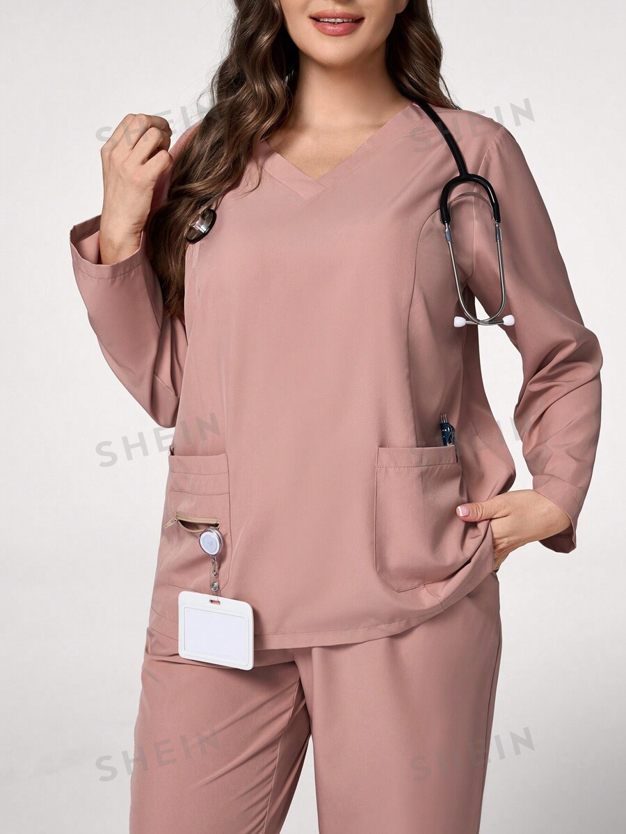 SHEIN TaskFit Plus Size Solid Long Sleeve & Pants Uniform Set for Sale