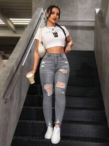 Jeanoix Autumn Casual Distressed Slim Fit Jeans With Side Pockets Y2k