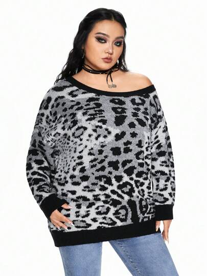 J-Fashion Maglione aperto sulle spalle con stampa leopardata grigia e nera, taglio comodo, taglia grande, adatto per autunno/inverno