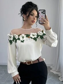 Rafferiza Damen elegante Bluse mit langen Ärmeln und Kontrast-Spitzennetz, Langarm Oberteile - Aprikosenfarben - Übersicht 6