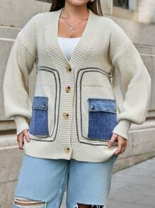 EURMUSE 大码针织开衫搭配牛仔细节秋冬外套开衫 - 彩色 - 查看 5