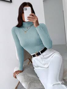 Cloudara Turtleneck Ribbed Knit Slim Fit Jumper - Green - View 6