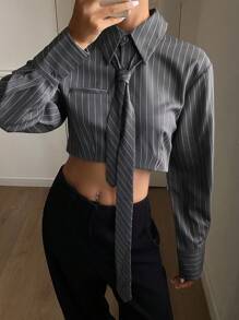 Livesso Striped Long Sleeve Fitted Turndown Collar Tie Short Women Shirt,Fall Clothes,Back To School Clothes - Grey - View 3