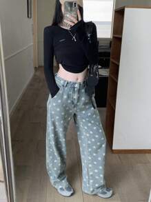 DAZY Loose Casual Women's Star Print Wide Leg Loose Pocket Jeans Y2k