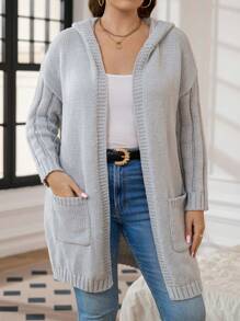 SHEIN LUNE Plus Size Autumn/Winter Casual Double Pocket Simple Front Open Hooded Cardigan