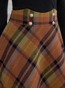 Vintamour Retro Elegant Daily A-Line Skirt, Checkered Orange-Brown Thanksgiving Women Outfit Fall Clothes Winter Women Skirt
