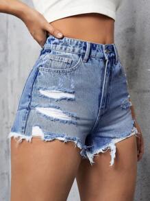 SHEIN Privé 女士休闲破洞磨边牛仔短裤 - 淺色水洗藍 - 查看 3