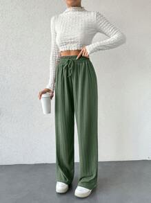 EURMUSE Ladies Casual Elastic Waist Drawstring Loose Wide Leg Pants - Army Green - View 5