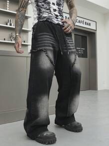 Manfinity EMRG Men's Dark Black Vintage Washed Wide Leg Casual Denim Pants