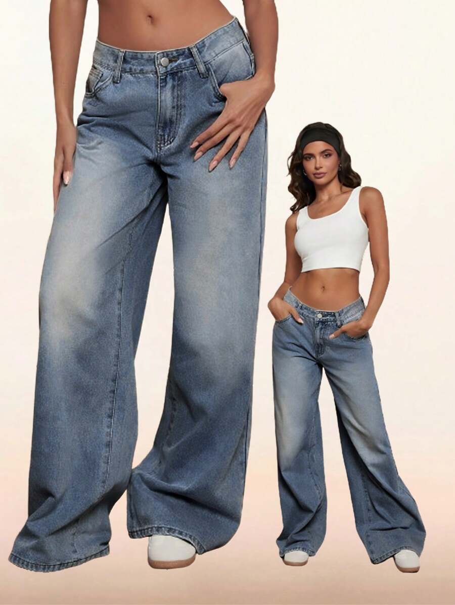 Forever 21 Retro Low Waist Washed Wide Leg Jeans - Dark Wash - View 1