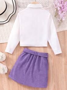 2pcs Tween Girls Ruffled Trim Blouse And Skirt Casual Set, Spring & Fall - Purple - View 2