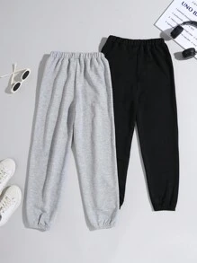 SHEIN 2pcs Young Girl Heart Pattern Knit Loose Drawstring Ankle Length Sweatpants Set - Multicolor - View 2