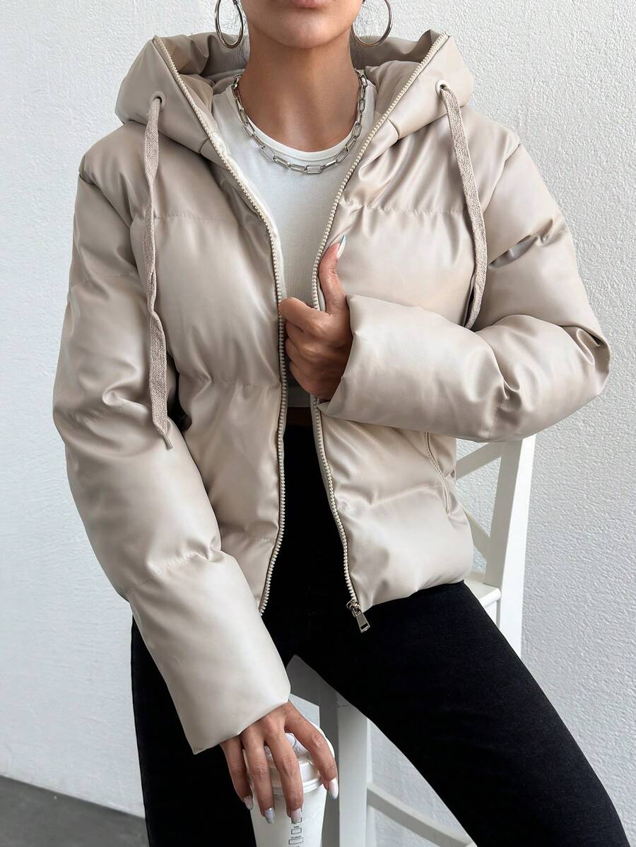 EURMUSE Solid Color Drawstring Hooded Padded Jacket - Khaki - View 1