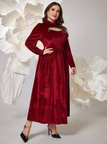Modelyn Burgundy Red Plus Size Wine Red Velvet Cut Out Rhinestone Fringe Decor Midi Dress, Fall/Winter - Burgundy - View 6