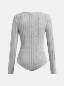 SHEIN Teen Girl Autumn Gray V-Neck Ribbed Knit Long Sleeve Jumpsuit - Grey - View 2