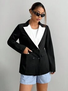 Flirla 拼色翻领长款修身女士西装外套 - 黑與白 - 查看 3