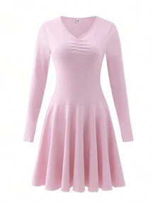 Teen Girl Casual Elastic Solid Color Umbrella Hem Long Sleeve Dress, Spring And Autumn - Pink - View 1