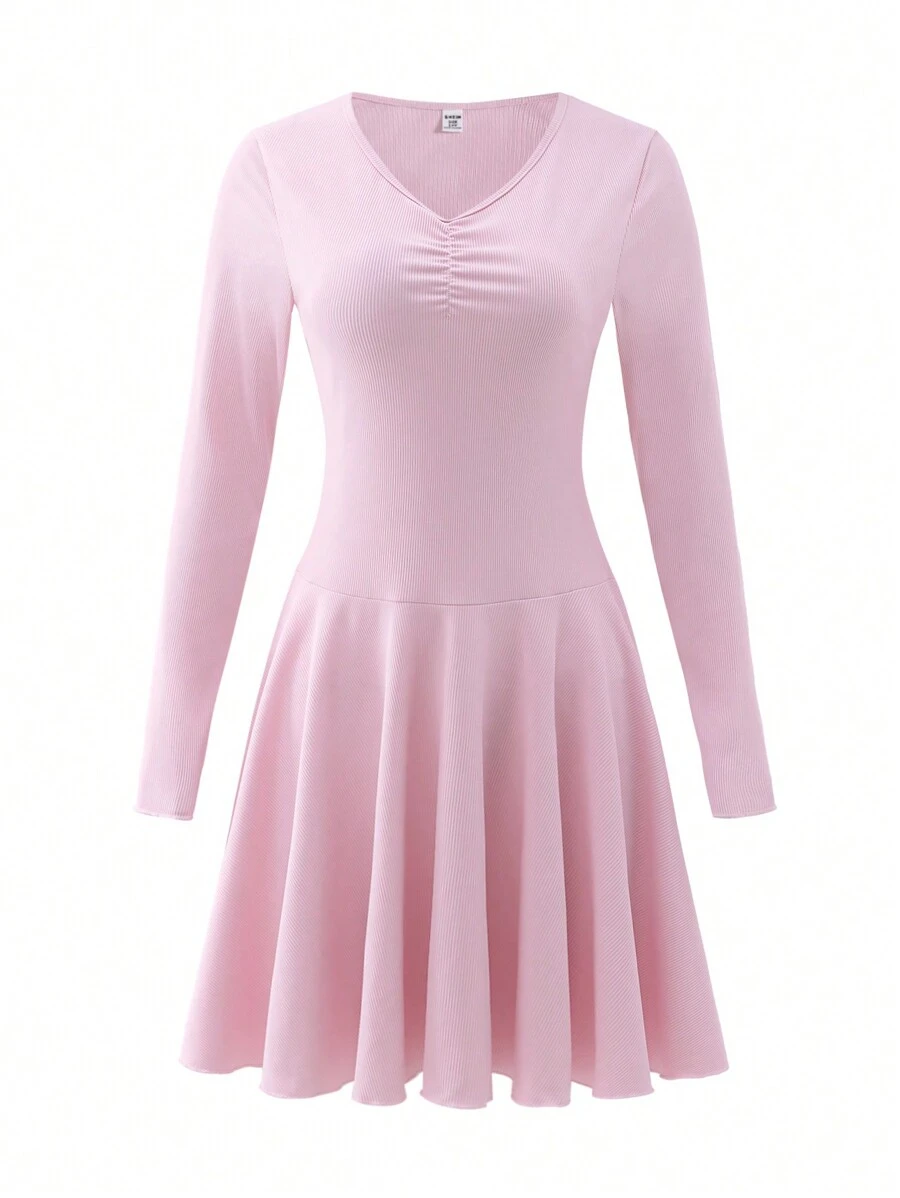 Teen Girl Casual Elastic Solid Color Umbrella Hem Long Sleeve Dress, Spring And Autumn - Pink - View 1