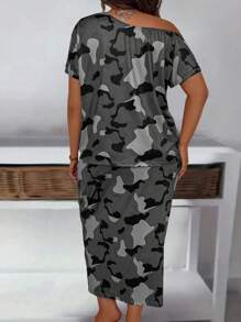 Maweii Plus Size Women's Camo Asymmetrical Collar Top And Skirt Two Piece Set - Multicolor - View 2