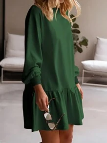 INAWLY Plus Size Women's Loose Long Sleeve Solid Color Dress Fall Cloth For Women - Army Green - View 1