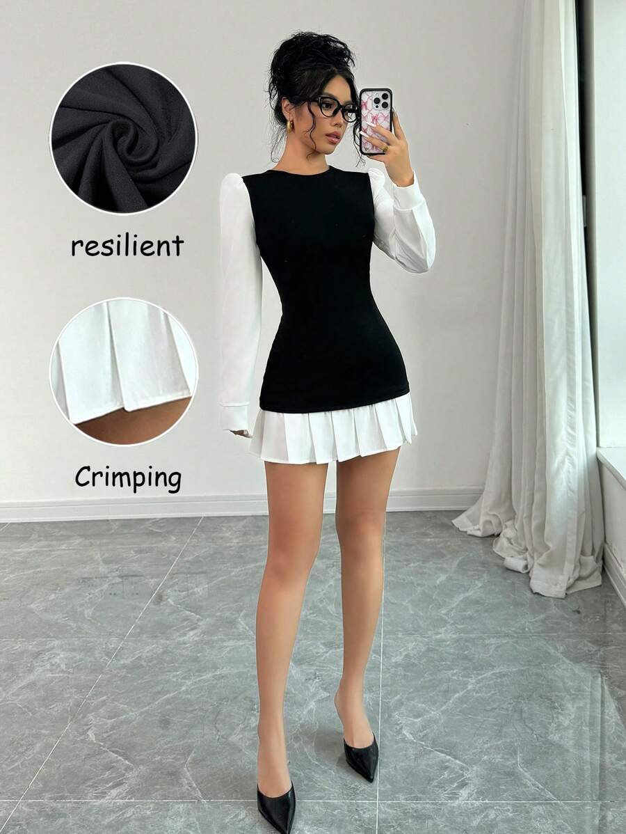 Rafferiza Váy xếp ly cổ tròn ngắn bó sát thời trang thu đông - màu đen - Xem 1