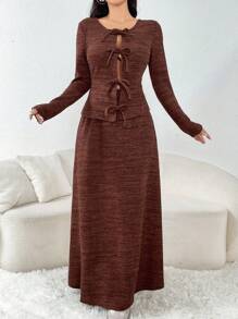 Modelyn 2pcs Women's Casual Front Tie Long Sleeve Blouse And Long Skirt Set, Autumn/Winter - Rust Brown - View 1