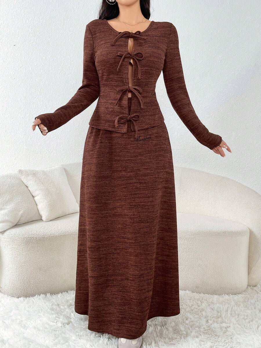 Modelyn 2pcs Women's Casual Front Tie Long Sleeve Blouse And Long Skirt Set, Autumn/Winter - Rust Brown - View 1