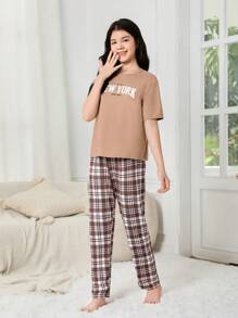 Teen Girl New Simple Top With Letter Print, Plaid Digital Print Pants, Casual Home Two Pieces Set