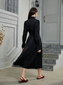 SHEIN Privé Tie-Up Waist Design Long Sleeve Pleated Shirt Dress For Women, Autumn Fall Cloth For Women - Black - View 6