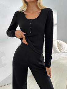 RueChic Strech Fabric Top And Wide Leg Pant With Pocket Two Pieces Set - Black - View 7