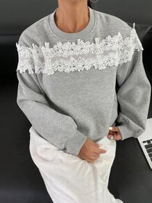 DAZY Áo nỉ dài tay cổ tròn ren tương phản cỡ lớn dành cho nữ, Quần áo mùa thu dành cho nữ - Xám - Xem 2