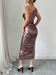 Elenzga Form-Fitting Asymmetrical Shoulder Ruched Shiny Dress Maxi Women Outfit - Coffee Brown - View 2