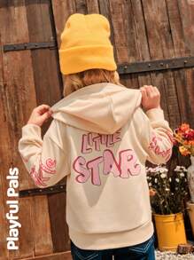 SHEIN 1pc Young Girl Cute/Retro/Casual/Back To School Star/Rhyme Graphic Long Sleeve Sweatshirt, Suitable For School And Outdoor, Spring/Autumn/Winter - Apricot - View 4