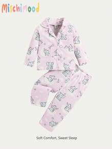 2 件装女婴浅粉色大象印花长袖上衣和裤子家居服套装 - 淺粉色 - 查看 1