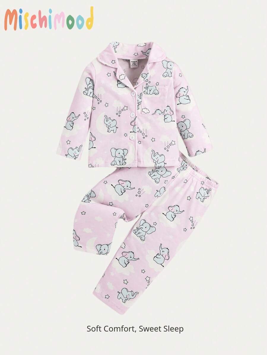 2 件装女婴浅粉色大象印花长袖上衣和裤子家居服套装 - 淺粉色 - 查看 1